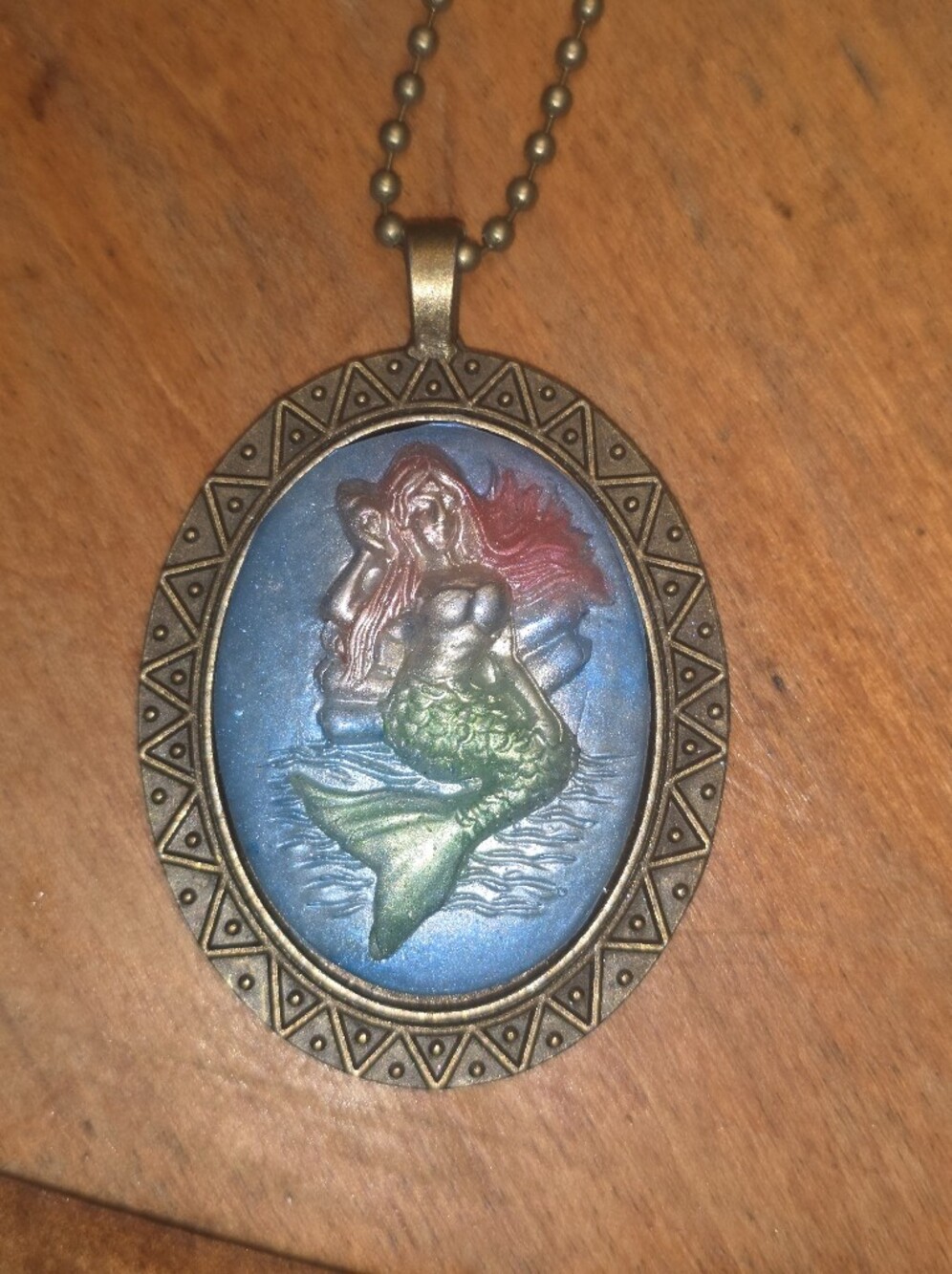 Mermaid Cameo Pendant In Bronze Tone Frame W Stainless Steel Chain Necklace